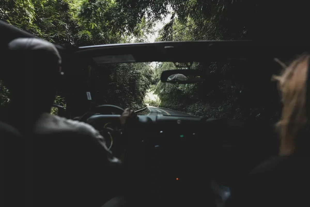 Two people on a roadtrip in a convertible and in the forest